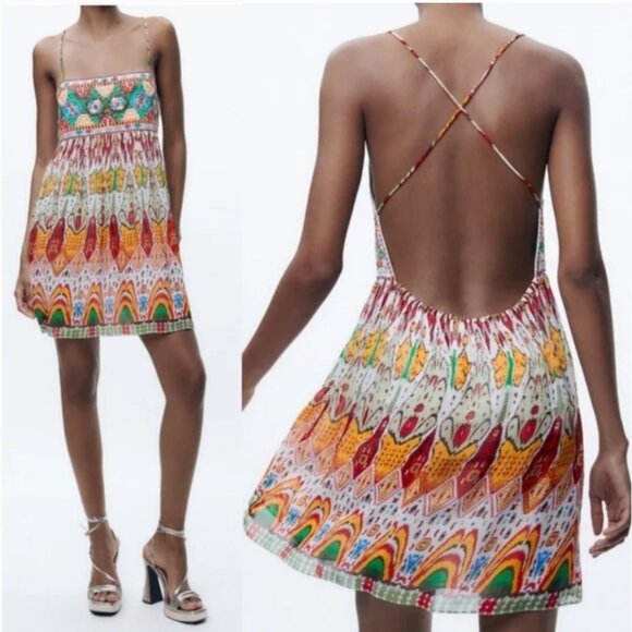 Zara Dresses & Skirts - NWT Zara Strappy Back Boho Mini Dress Multicolor Embroidered Women's XS